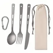 Titanium 3-Piece Cutlery Set with Carabiner & Sack for Camping Hiking