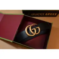 在飛比找蝦皮購物優惠-Gucci經典仿舊金色金屬雙G LOGO滑面小牛皮釦式腰帶/