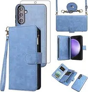 [Asuwish] Phone Case for Samsung Galaxy S23 FE 5G Zipper Wallet Detachable Cell Cover with Tempered Glass Screen Protector Crossbody Lanyard Strap Flip Card Holder Slot S 23 EF S23FE 23S Women Blue