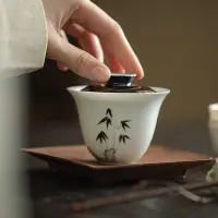 在飛比找蝦皮商城精選優惠-彌言復古手繪墨竹三才蓋碗茶杯單個釉上彩白瓷薄胎茶碗家用泡茶器