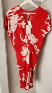 Joie Ashleena tropic red designer silk pleat midi dress size US 4 BNWT RRP $350