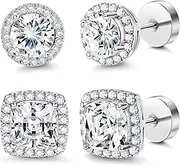 [FASACCO] 14K Flat Back Round Square Stud Earrings for Men Women Large Big Cubic Zirconia Stud Earrings Mens Earrings Flatback Earrings
