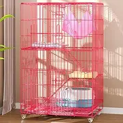 Folding Metal Wire Cat Cage 3-Tier Collapsible Cat Crate with Casters Hammock Bed Ladder, Small Animal Cages, Pet Enclosure Home for Chinchillas Ferrets Kittens,Pink