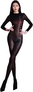 [YSGUYILT] Women's Body Stocking Longsleeve Bodystocking Oil Catsuit Sheer Bodysuit Stretchy Silk Bodystocking