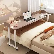, Adjustable Height Mobile Standing Laptop Table with Heavy Duty Metal Legs,Queen Bed Table,Rolling Medical Over Bed Table for Home(Brown,150cm)