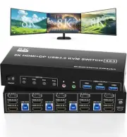 NEW KVM Switch 3 Monitors 4 Comps 8K@60Hz/4K@144Hz HDMI Display port 3 USB 3.0