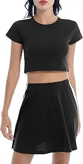 [FEESHOW] Women's Tracksuit 2Pcs Short Sleeve Crop Top T-Shirt with Skirt Set Running Sport Dance Activewear