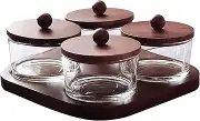 KVMORZE 6.4oz Chip and Dip Serving Set with Bamboo Tray, Snack Candy Fruit Nut Serving Platter, Glass Dipping Serving Bowls with Lids for Condiments, Side Dishes, Pre, Dessert, Salsa (4 Slots)