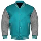 Varsity College Lettermen Baseball Retro Bomber Sky Wool & Grey Leather Jacket