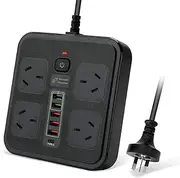 LELYFIT Powerboard USB, Power Strip USB C, Power Board Surge Protector with 4-Outlets, 2Meter Power Extension Cord with 1-USBC & 5-USB 2500W Surge Protection, Wall Mountable (Black)