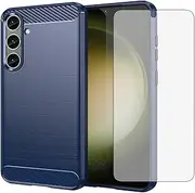 Compatible with Samsung Galaxy S24 Plus S24+ 5G Case and Tempered Glass Screen Protector with Shockproof Silicone Wireless Charging Carbon Fiber Phone Cover for S24plus 24S + S 24 24+ Women Men Blue