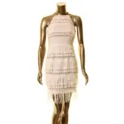 AIDAN MATTOX NEW Women's Ivory/nude Embroidered Lace Fringed Sheath Dress 0 TEDO