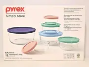 Pyrex Glass Storage Set Of 6 Bowls & 6 Colored Lids In 4 Sizes - NEW In Box