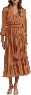 [PRETTYGARDEN] Womens Wrap V Neck Spring Dresses Wedding Guest Casual Pleated Long Sleeve Midi Dress Ruffle Smocked Long Dress