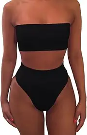 [VamJump] Women's Removable Strap Bandeau Top High Cut Cheeky Bikini Set Swimsuit