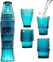 Set of 4 | Handmade Stacking Koi Carp Fish Drinking Glasses | Natural Blue Glass Tumblers | Retro Fun Quirky Gift Present | Dinner Party Cocktail Water Juice Coffee Mugs Cups | 4PCS 250ml