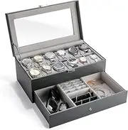 ProCase 12 Slots Watch Box Case for Men, Mens Jewelry Organizer Watch Holder Display Case with Drawer, PU Leather Watch Storage Boxes with Glass Lid and Pillow -Black