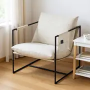Advwin Sling Accent Chair Linen Lounge Chair Armchair with Upholstered Cushions & Side Pocket Beige