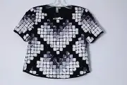 ASOS NIGHT SEQUINS EMBELLISHMENT CROP TOP MESH OVERLAY BLACK WHITE SIZE US 0 NEW