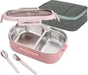 Lille Home 28oz Stainless Steel Leakproof 2-Compartment Bento Lunch Box/Portion Control Food Container with Lunch Bag and Cutlery Set, BPA Free (Pink)