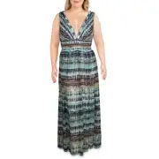 Aidan by Aidan Mattox Womens Blue Printed V-Neck Maxi Dress Gown 2 BHFO 8324