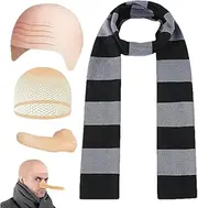Striped Scarf Halloween Costume Set, Bald Head Cosplay Set with Bald Cap, Latex Fake Nose and Striped Scarf, Halloween Role Play Costume Accessories for Men and Women