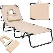 Giantex Reclining Camping Lounger Chair w/5 Adjustable Positions, Convenient Face Hole, 3 Detachable Pillow & Hand Ropes, Outdoor Foldable Sun Lounger Bed for Beach Patio Poolside & Lawn (Beige)