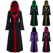 Womens Hooded Robe Halloween Witch Dress Patchwork Witch Costume Front V Neck