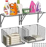 3IngSeagulls 2 Pack Laundry Room Shelves, Wire Baskets with 8 Hooks, Over Washer and Dryer Shelf, Wall Mounted Storage and Clothes Drying Rack, Black
