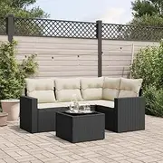 5 Piece Garden Sofa Set with Cushions, Black Poly Rattan Outdoor Furniture Set for Patio, Backyard, or Balcony, Includes Table and Chairs, UV-Resistant, Modular Design, Dimensions: 65.5x62x69 cm