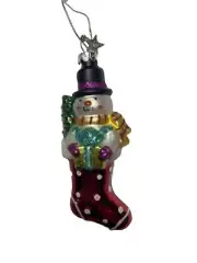 Glassworks Collection Hand blown glass Snowman in a Stocking Ornament NWTS