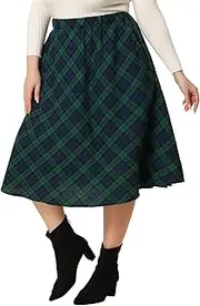 [Agnes Orinda] Plus Size Vintage Skirt for Women 2023 A-line Plaid Printed Flare Elastic High Waist Midi Skirts