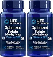 Life Extension Optimized Folate, 180 Veg Tablets (Pack of 2) L-Methylfolate 5-MTHF 1000 mcg / 1 mg