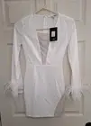 Fashion Nova Vegas Lights White Feather & Sequin Mini Dress Long Sleeve Size XS