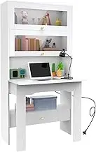 Luxsuite Multifunctional Computer Desk with Bookshelf Wooden Storage Organiser with USB Ports & Sockets Display Shelf with Glass Door Home Office Furniture White