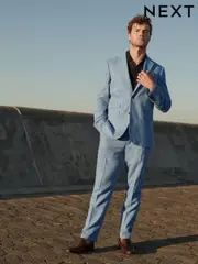 Light Blue Linen Blend Tailored Fit Suit Trousers (509459) | $75