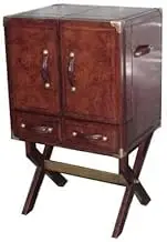 Home Bar Vintage Style Wine Cabinet, Dark Brown Wood, X-Base Stand, 2 Drawers, Brass Hardware