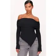 Black Fold Over Bardot Dipped Hem Long Top, Black