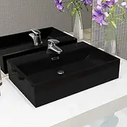 Modern Black Ceramic Bathroom Washbasin with Faucet Hole, 60.5x42.5x14.5 cm, Vessel Sink for Vanity Counters, Oval Design with Overflow