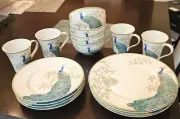 222 Fifth Peacock Garden 16 Piece Set Dinner Plates, Salad Plates, Bowls, Cups