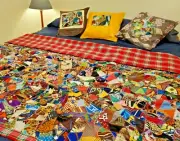 Handmade African Patchwork Crazy Quilt 53" x 72" LARGE Red Plaid Full XL CHARITY
