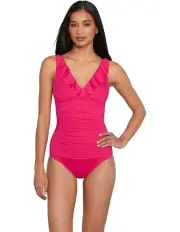 [Lauren Ralph Lauren] Beach Club Solids Ruffle Surplice Underwired One-Piece Swimsuit in Orchird