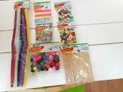 (7) Kids Crafts Beads Sequins Spangles Fuzzy Sticks PomPoms Color String Sticks