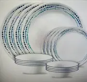 CORELLE LIVINGWARE VITRELLE " OCEAN BLUE'S " 16 PC. ROUND DINNERWARE NIB