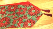 Table runner, tapestry red poinsettia with green leaves, 14 x 71, red liner