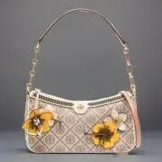 AUTH NWT $598 Tory Burch T Monogram Braid Floral Jacquard Shoulder Bag-Hazelnut