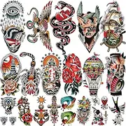 77 sheets Classic Temporary Tattoos Adult, Old School Tattoos Stickers, Sailor Jerry Style Fake Tattoo, American Traditional Flower Rose Arm Temporary Tattoos for Women Men Kids
