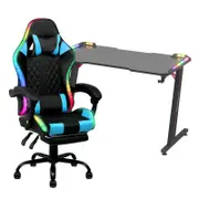 Advwin Gaming Office Desk 120cm LED Light & Gaming Chair with Footrest LED Light Blue