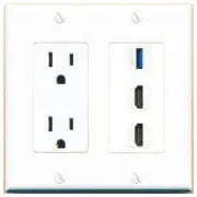3 Port Power Outlet Cover Plug Jack UL 2 Gang 2 HD USB-3 Wall Plate