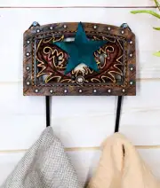 Rustic Western Lone Star Tooled Leather Bootcut Patterns 2-Peg Wall Hooks Decor